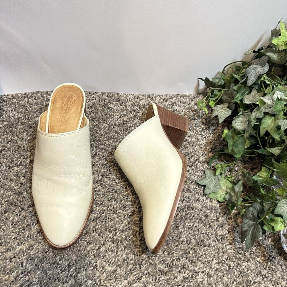 Madewell The Harper Mule Ivory Leather Stacked Block Heel Slip On Size 8